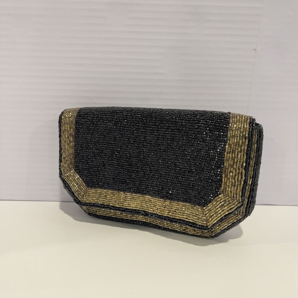 VTG Gold Stripe Black Beaded Purse Evening Bag Clutch Handbag~NO SHOLDER CHAIN